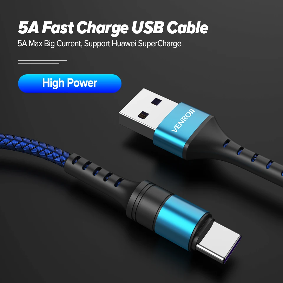 Venroii usb type C кабель 5A Supercharge 1 м 2 м type-C шнур для huawei P30 P20 mate 30 Pro Honor 20 Quick Charge 3,0 4,0 USBC Кабо