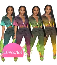 

Women Gradient Color Short Sleeve Turn-Down Single Breasted Tops and Full Length Pants Bulk Items Wholesale Lots Two Piece Sets