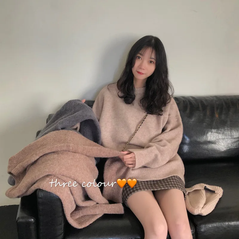 

Женский вязаный Свитер оверсайз, однотонный пуловер свободного покроя в Корейском стиле, базовая одежда для осени и зимы