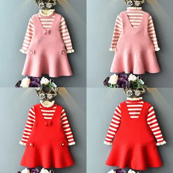

Autumn Baby Girl Cute Long Sleeve Striped Print Sweater Blouse+Strap Dress Casual Outfits Set