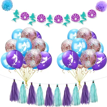 

35 Pcs Mermaid Theme Balloon Set Tassel Sequin Balloon Flag Paper Ball Children's Birthday Party Decorative Party Supplies