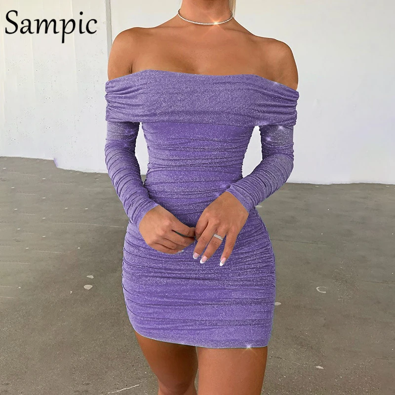 Sampic, сексуальное женское Клубное платье для ночного клуба, vestidos, блестящие, с длинным рукавом, вечерние, облегающее платье, короткое, модное, с блестками, с открытыми плечами - Цвет: Purple