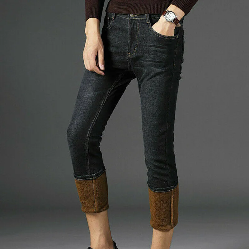 Мужские зимние джинсовые штаны, джинсы с флисовой подкладкой, теплые прямые брюки, Утепленные длинные штаны размера плюс H9