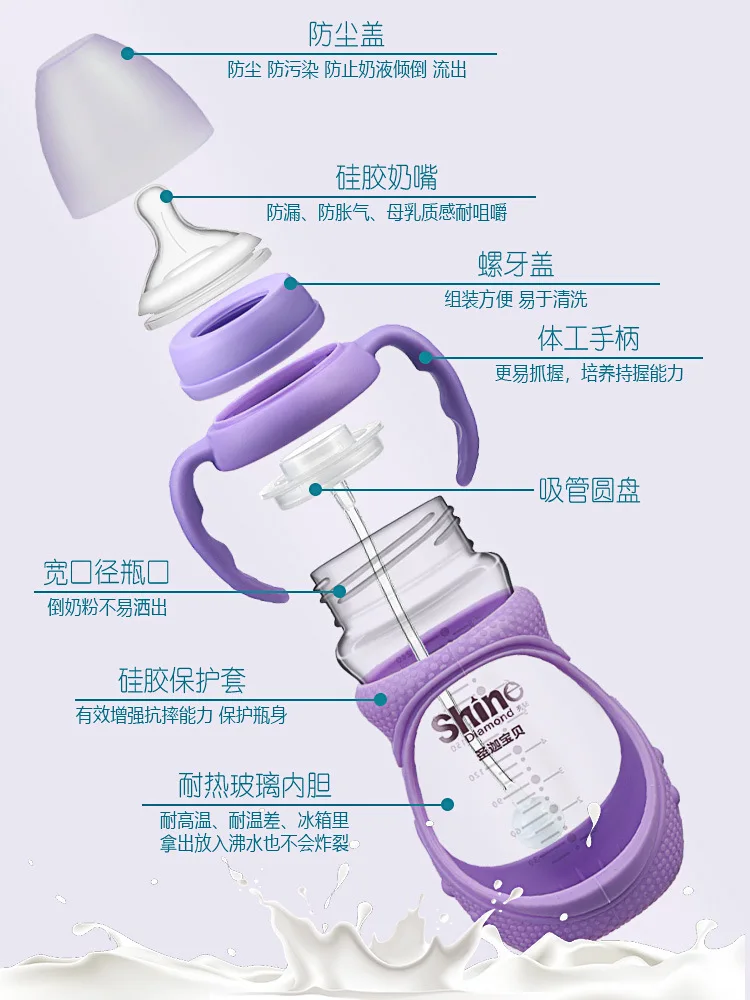 

Shatter-resistant Glass Feeding Bottles Straw Silicone Cover Wide Aperture