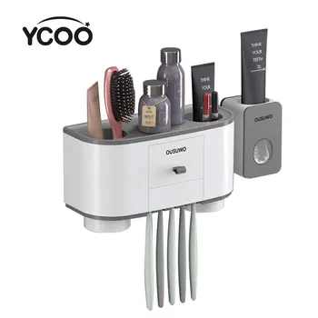 

YCOO Toothbrush Holder Automatic Toothpaste Dispenser Squeezer Wall Mounted Space Saving Toothbrush Organizer with Dustproof Cov