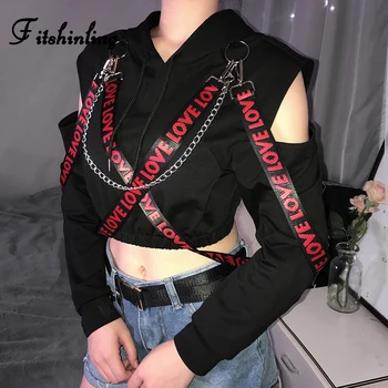 

Fitshinling Open Shoulder Chain Belt Hoodies Harajuku Black Sweatshirt Women's With A Hood Autumn Winter Street Poleron Mujer