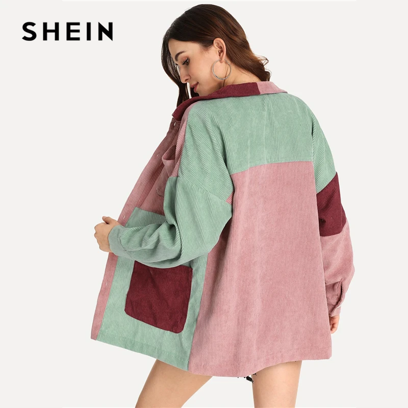 Best SHEIN Casual Multicolor Cut and Sew Pocket Front Corduroy Single Breasted Coat Autumn Modern Lady W