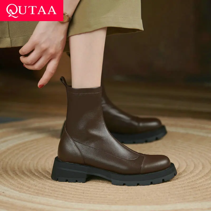 QUTAA 2022 New Women Round Toe Ankle Boots Fashion Square Med Heel Short Genuine Leather Autumn Winter Shoes Size 34-43 | Обувь
