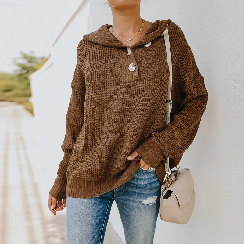 

Women's Hooded Knitted TopsLong Sleeve Spring Autumn Ladies Knitwear Sweaters Solid Color 2021 New Fashion Loose Pullovers Shirt