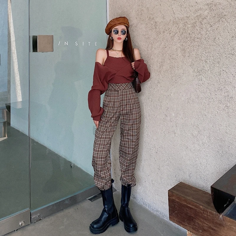 

Retro Plaid Harem Pants Women's Autumn High Waist Pants + Knitted Fake Two-piece Top