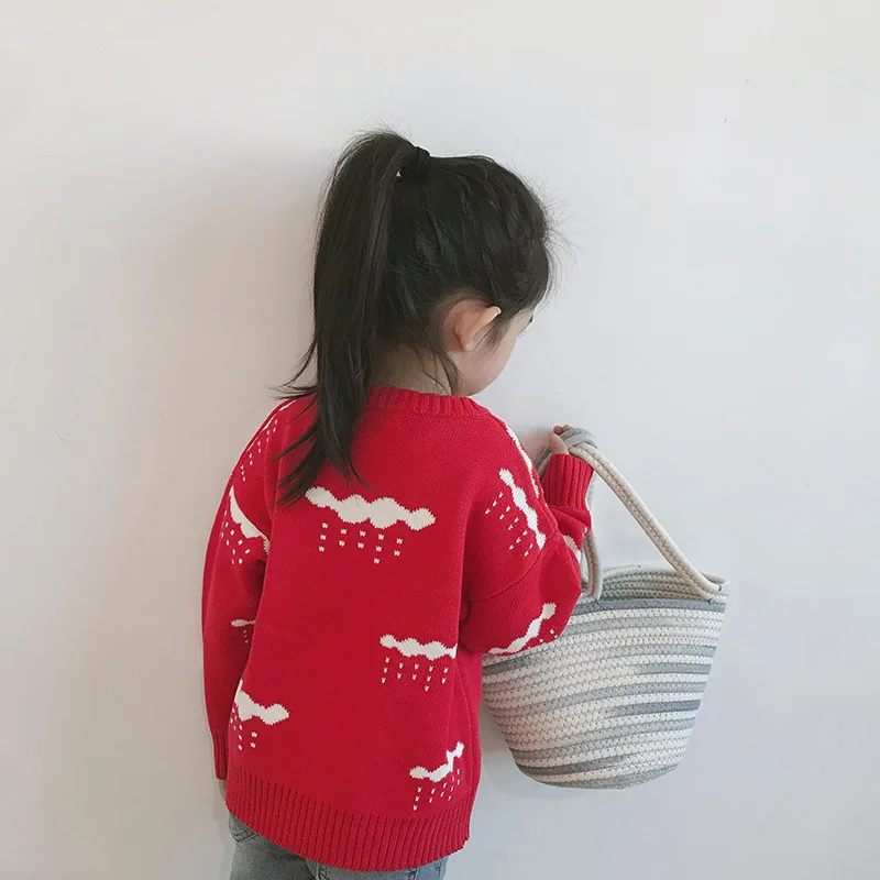 INS/Детский свитер; универсальная рубашка с вырезом лодочкой; сезон осень-зима; Детский свитер из чистого хлопка в Корейском стиле с рисунком капель дождя