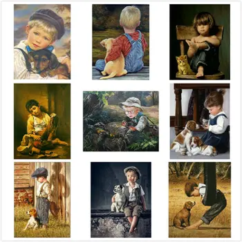 

5d Diamond Embroidery Boy and dog cat Diy Diamond Painting Cross Stitch full square Rhinestones Pasted Paintings Sticker Decor