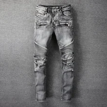 

American Street Style Fashion Men Jeans Retro Gray Destroyed Spliced Designer Ripped Jeans For Men Hip Hop Punk Biker Pants