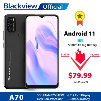 Перейти на Алиэкспресс и купить Blackview A70 Android 11 смартфон 6,517 дюймов Дисплей Octa Core, 3 Гб оперативной памяти, Оперативная память + 32 ГБ Встроенная память 5380mAh13MP сзади Камера 4G моб...