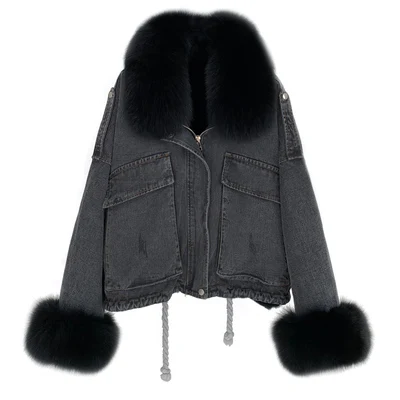 black coat black fur Джинсовая куртка с меховым воротником и манжетами для женщин, парки из натурального меха, женская зимняя куртка, модные пальто, Воротник из меха кролика рекс - Цвет: black coat black fur