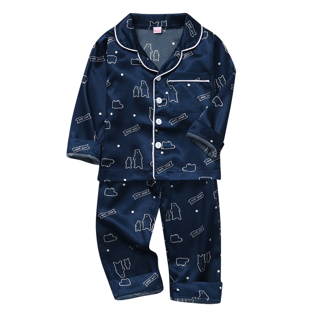 Осенние шелковые пижамные комплекты для маленьких мальчиков Детский топ с длинными рукавами и принтом+ штаны одежда для сна нижнее белье# p4 - Цвет: Тёмно-синий