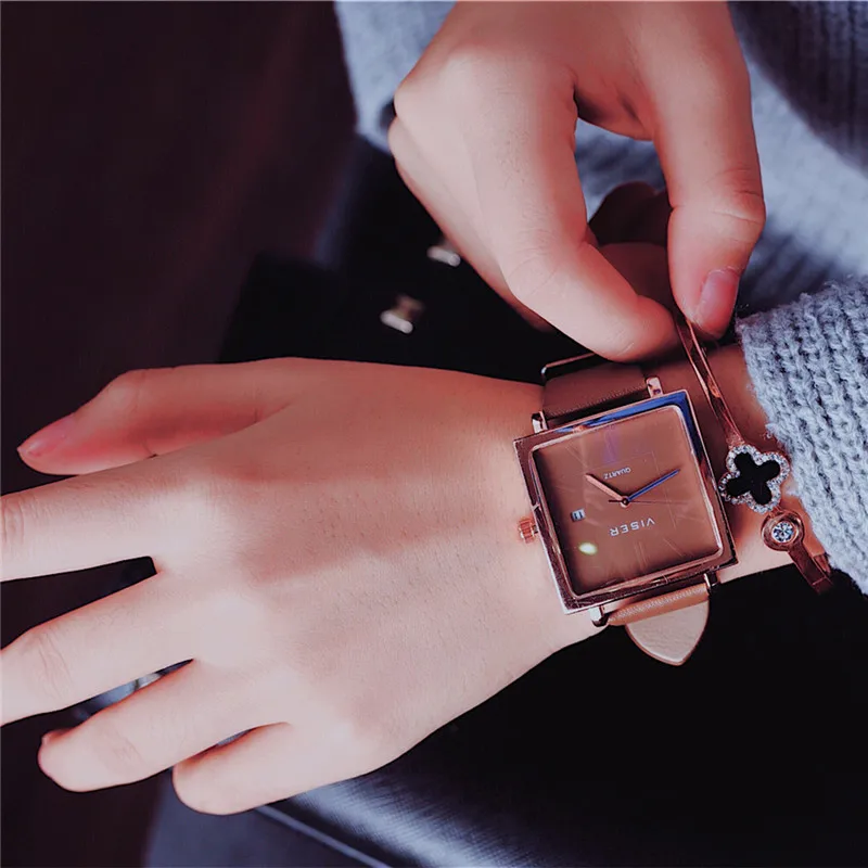 Женские часы простая Корейская версия большого циферблата повседневные Модные трендовые квадратные водонепроницаемые студенческие женские часы - Цвет: Brown