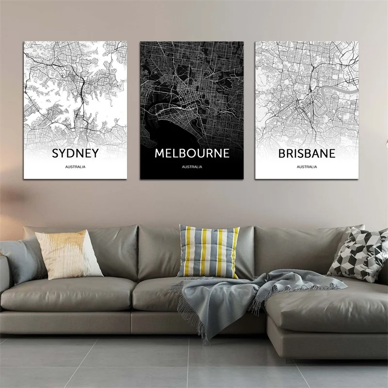 Современная Картина на холсте, Австралия, карта Сиднея, Брисбен, черный и белый мир, плакат-карта, живопись