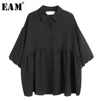 

[EAM] Women Black Hem Pleated Split Blouse New Lapel Three-quarter Sleeve Loose Fit Shirt Fashion Tide Spring Summer 2020 1U397