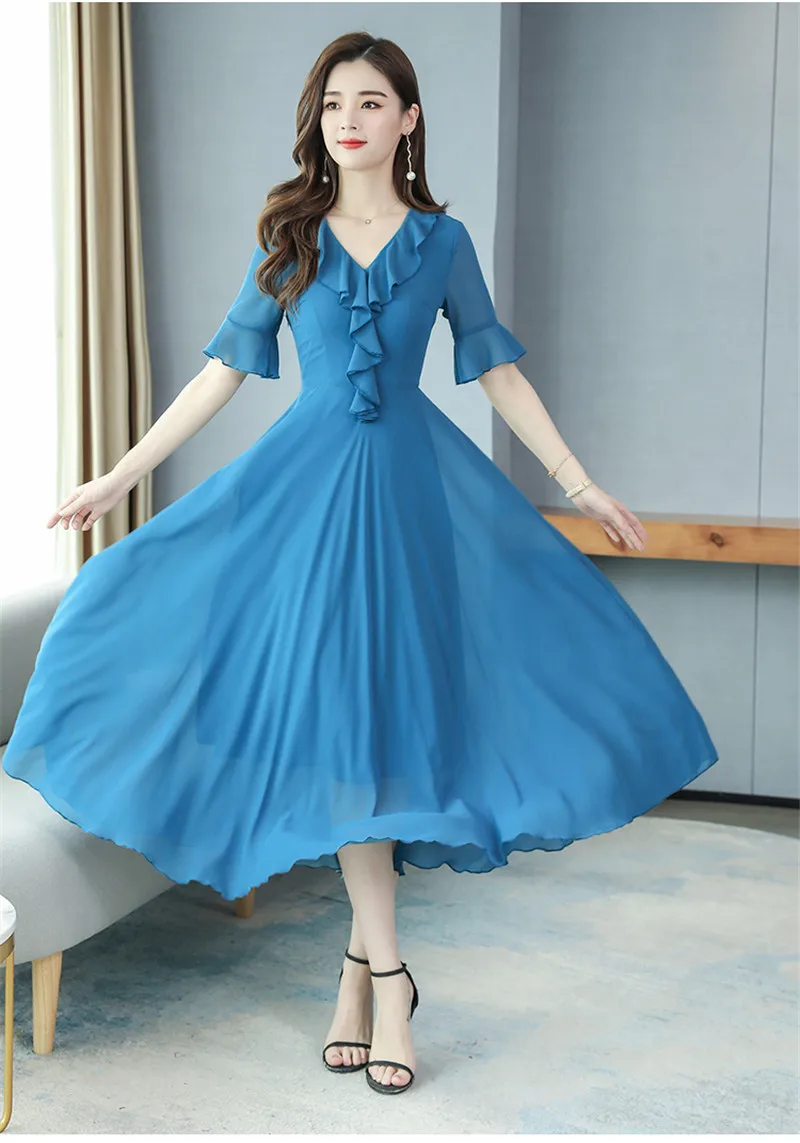 Vestido de Chiffon Moda com Decote em v Coreano Verão Nova Mangas Alargadas Magro Era Temperamento Fino Vestido Grande Balanço 2021 22 moda com decote em v mangas alargadas