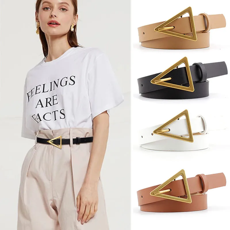 

New Design Women Leather Thin Belt Metal Triangle Pin Buckle Waist Belts Fashion Brand Ladies Dress Shirt Decorative Waistband