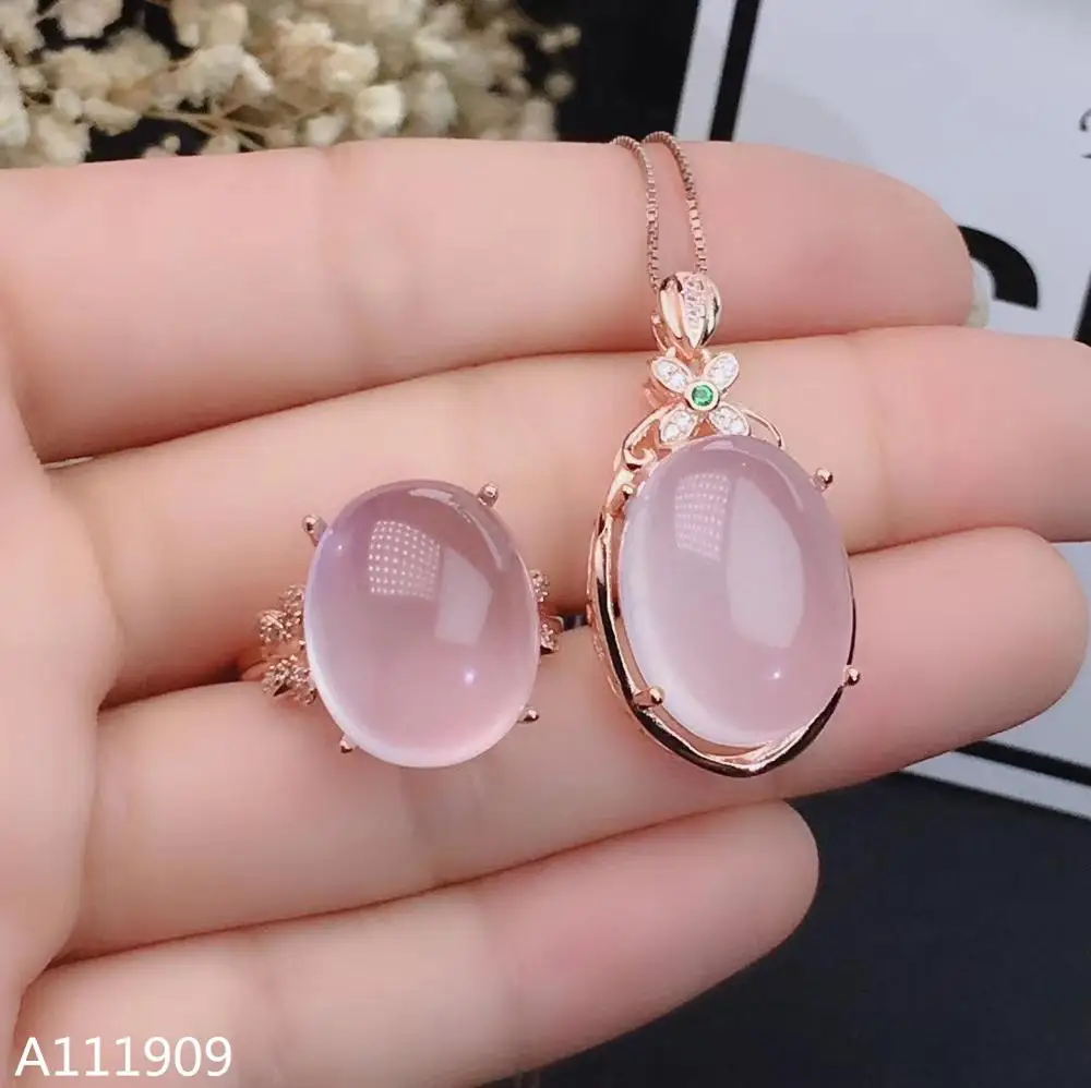 KJJEAXCMY Boutique Jewelry 925 Sterling Silver Inlaid Natural Pink Crystal Furong Stone Pendant Ring Set Support Detection