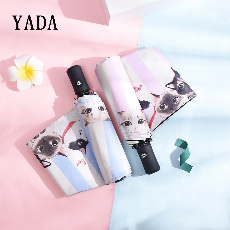

YADA INS Cartoon Cats Stripe Umbrella Clear Folding Automatic Umbrellas For Children Women UV Lovely Rain Cat Umbrella YD200006