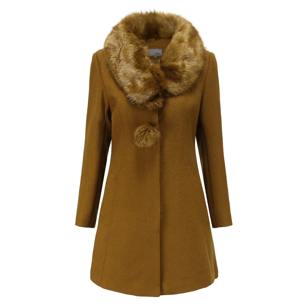 Винтажное теплое зимнее шерстяное женское длинное шерстяное пальто с меховым воротником Женское шерстяное пальто элегантная однобортная верхняя одежда - Цвет: Brown