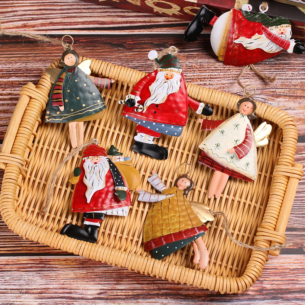 Christmas Decorations Retro Metal Xmas Tree Embellishment Welcome Door Hanging Pendants Santa Claus Cartoon Angel Doll Drop Ornaments Christmas Decor