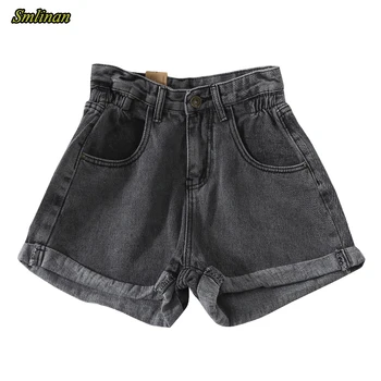 

Smlinan 2020 Summer Vintage Curling Denim Shorts Women Button Zipper Pocket Elastic High Waist Jeans Short Female Hotpants