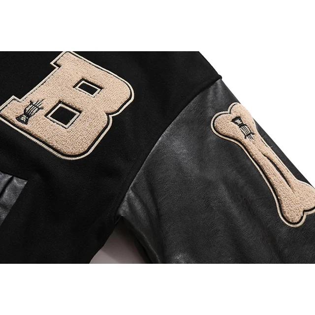 Aolamegs Furry Bone Letter Patch Color Block Patchwork 3 color Optional Harajuku College Style Bomber Jacket Men Baseball Coats 6