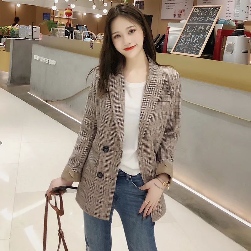 Womens Blazers Check Suit Jacket Woman Spring and Autumn New Korean Long Loose Slim Casual British Style Suit Jacket Woman
