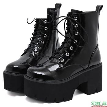 baratas Mulher Rendas Botas De Outono Das Mulheres Senhoras Chunky Cunha Plataforma Preto Patente Couro Tornozelo Botas Punk Goth Nova Chegada 2020