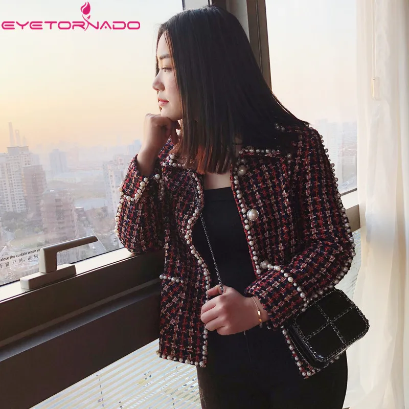 

Women Plaid Pearls Beading Casual Work Tweed Jacket Autumn Pockets Office Business Lurex Basic Wool Coat