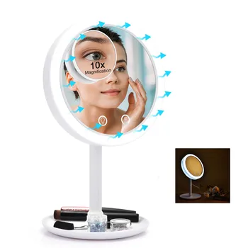 

Portable LED Touch Screen Makeup Mirror With Fan Makeup Backlit Mirror Lighted 10X Vanity Magnifying Make Up Mirror Storage Base