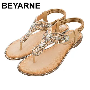 

BEYARNE2020 Women's Summer Shoes New Casual Bohemia Flat Sandals Ladies Fashion Pearl Flip Flops Beach Sandals