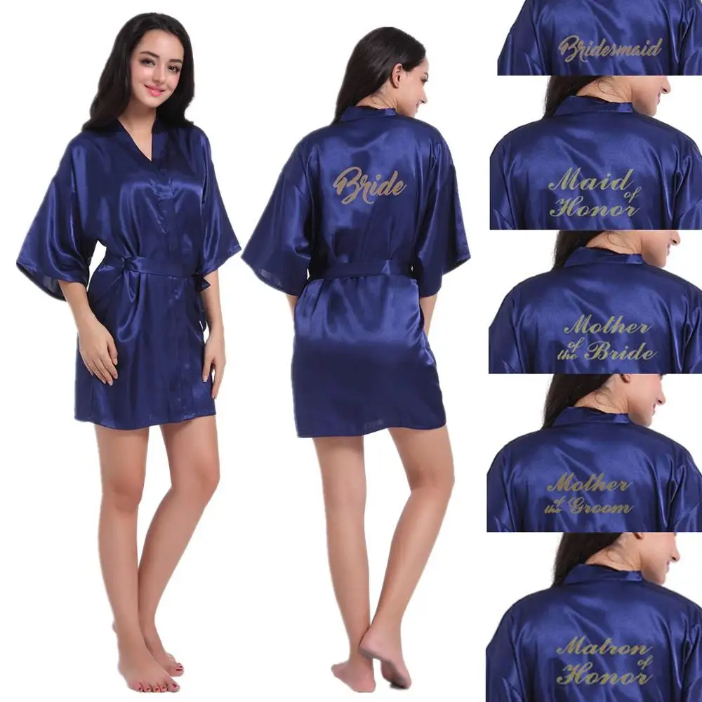 Для женщин сатиновое свадебное кимоно шелковое платье подружки невесты халат атласный платье фрейлины одеяние Халаты сексуальная ночная рубашка платье женский халат - Цвет: Navy Blue