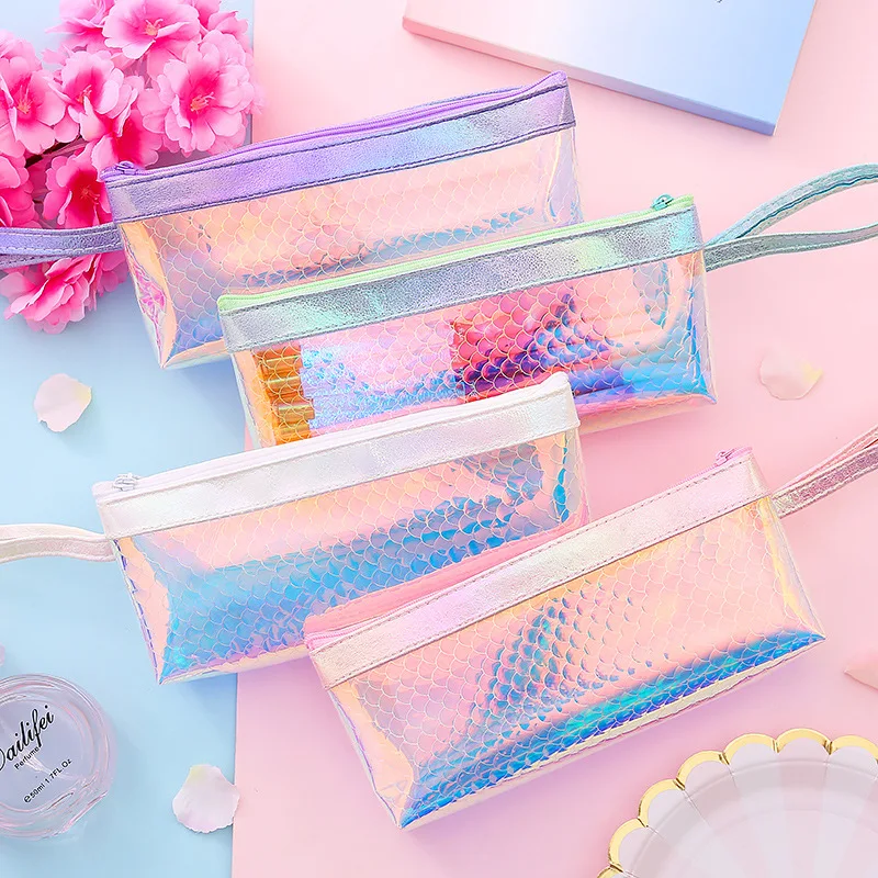 

X0012 Korean-style Cute Scale Pattern Hand Pencil Case Students Stationery Bag Laser Symphony Large-Volume Pencil Case Storage