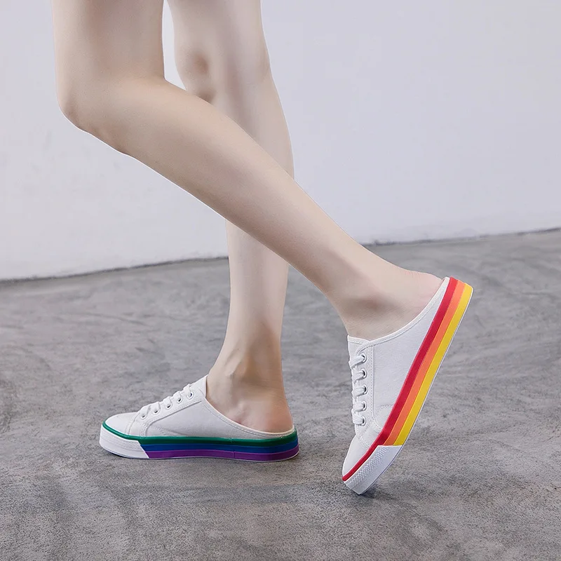 

Leisure Time Rainbow Yuanyang Flat Bottom Women's Shoes None Heel Half Drag Single Shoes Canvas Lace Spell Color Student Shoes