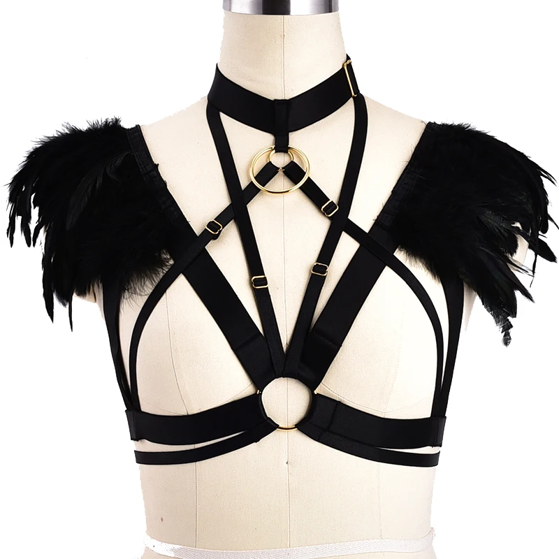 Feather Harness Angel Wing Bralette Crop Tops Epaulettes Shoulder Steampunk Goth Fetish Exotic Festival Plus Size Cage Bra