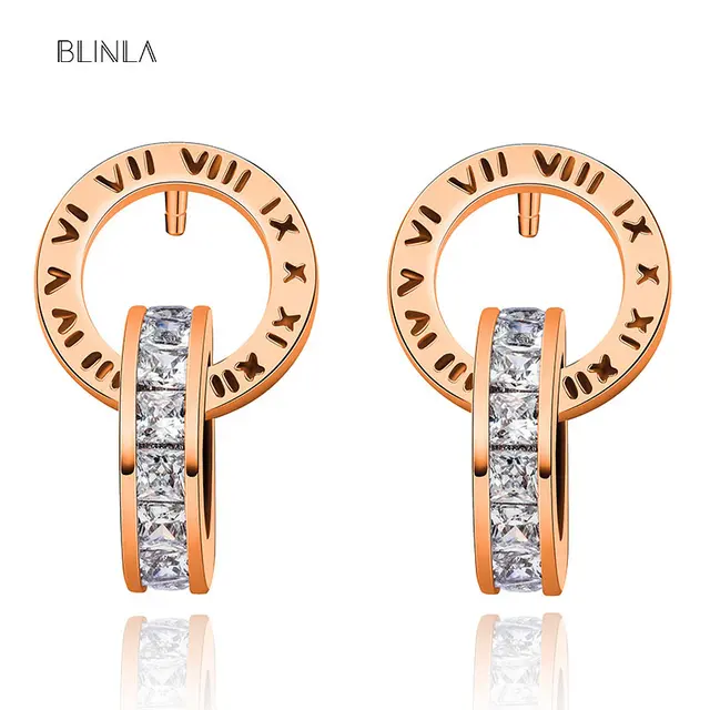 BLINLA Fashion New Stainless Steel Acrylic Crystal Stud Earrings for Women Jewelry Vintage Roman Numerals Smmaallye Earring 2021 Rose gold 3