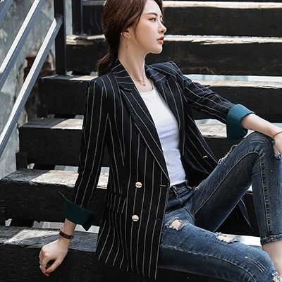 Black Stripe Blazer Для женщин однобортный однотонный Блейзер Женский пальто трех до двенадцати лет Модные Пиджаки Верхняя одежда высокого качества, куртки, 5XL - Цвет: Black Stripe Blazer