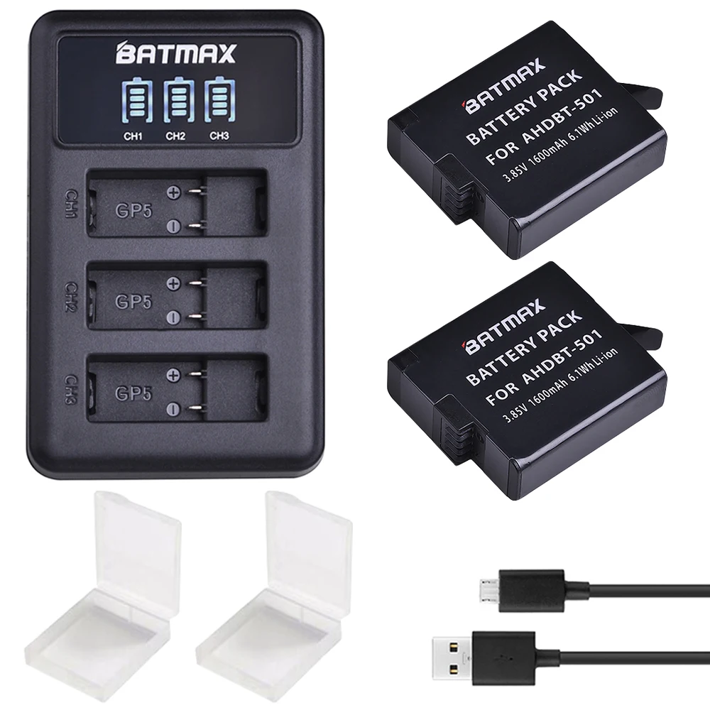 2Pcs sets 3 шт. батареи для GoPro Hero 7 Gopro 6/5 AHDBT-501 батарея+ светодиодный 3-слотовый USB зарядное устройство с портом type C для GoPro аксессуары - Цвет: 2Pcs sets