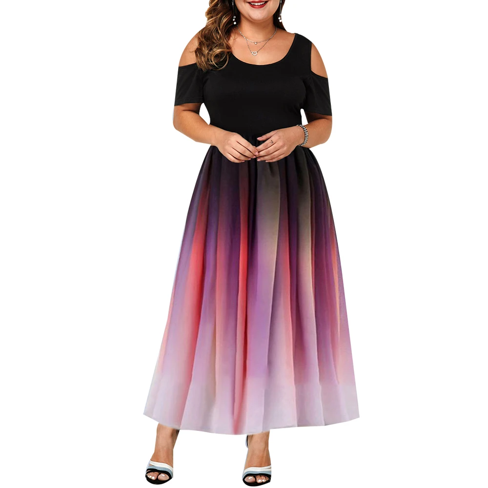 

2019 New Fashion Design Women Dress Plus Size Elegant Gradient Color Hollow Out Short Sleeve Dress Summer Casual Party Vestido