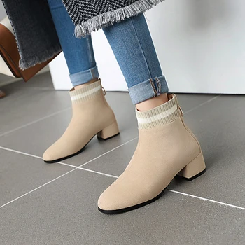 

Casual round toe ankle boots knitting elastic zipper beige black color matching thick medium with riding boots women's shoes