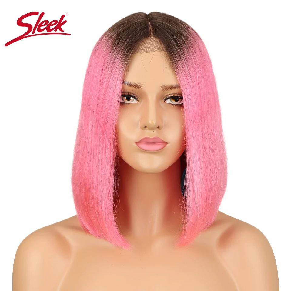 Гладкий перуанский прямой Боб кружева спереди натуральные человеческие волосы парик с Омбре цвет TT1B/розовый переплетения удлинительные парики Remy парики женс