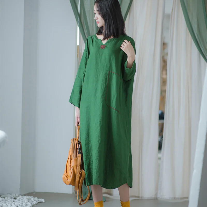 

SCUWLINEN 2019 Autumn Winter Women Dress Pluse Size Loose Batwing-sleeve Exquisite Embroidery Personality Long Linen Dress P020