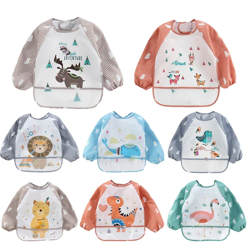 Baberos para bebé en colores vivos de dibujos animados, delantal de Arte de manga larga, pechera de Animal para eructar, ropa suave para la alimentación, impermeable