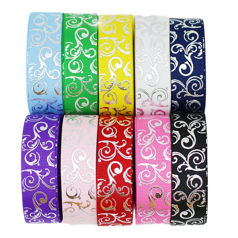 Grosgrain Ribbon 10 yards/lot 25mm White Hot Stamping Silver Foil Gift Wedding