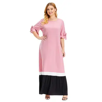 

Summer Women Casual Long Dress Pink Bow Tie Short Sleeve Contrast Color Patchw Maxi Dresses Vestidos Plus Size Islamic Clothing